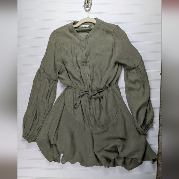 Blu Pepper Long Sleeve Mini V Neck Dress Olive S - Picture 3 of 11